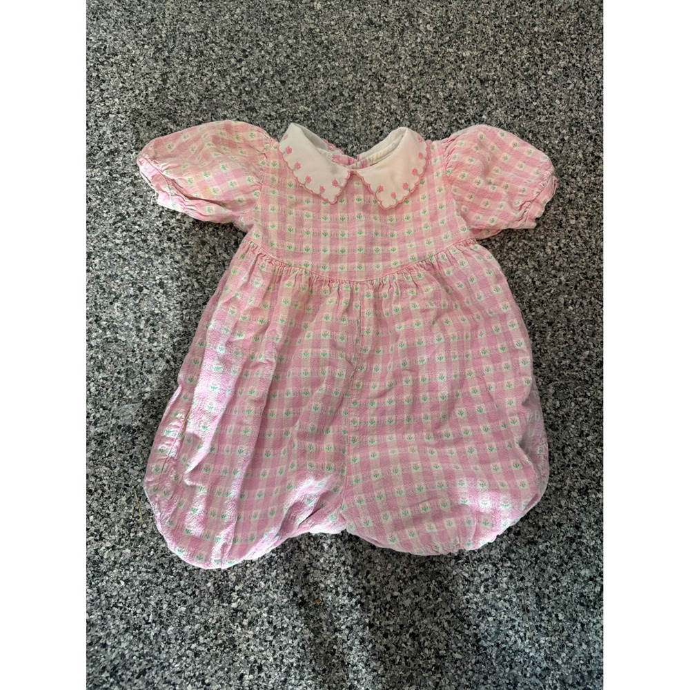 Vintage OshKosh Bgosh Pink Gingham Floral Bubble Romper 6-9 Months Made in USA